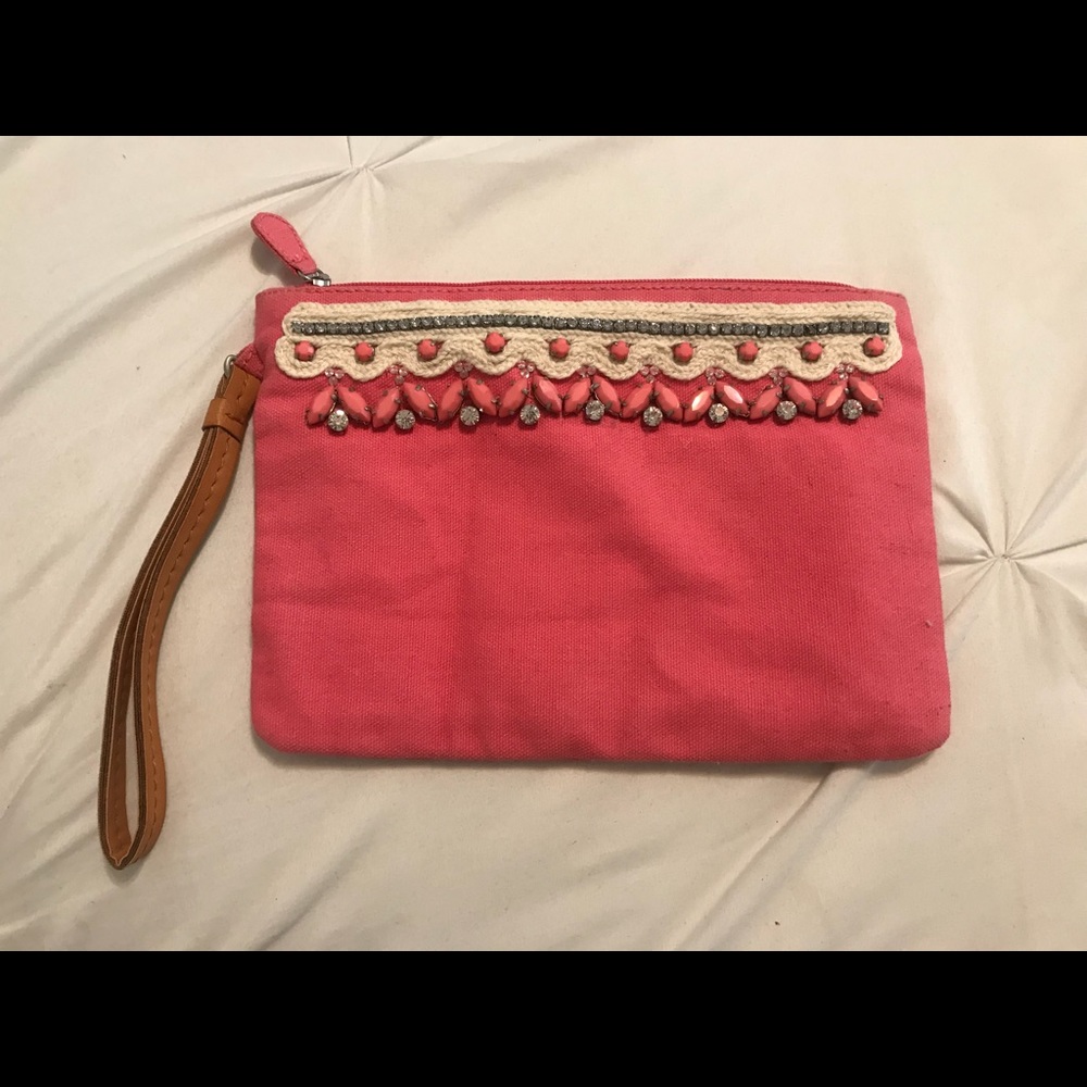 Pink Clutch/Pouch with lace and jewel detailing